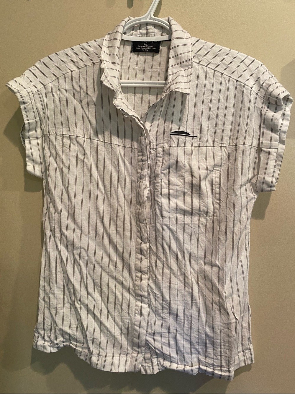 Woman's Chlorophylle Short-Sleeve Button-Up Shirt - White with Thin Gray Stripes